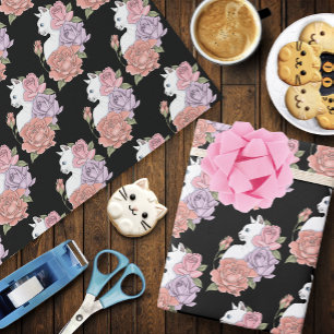 Papier Cadeau Chat Blanc Pastel Floral Botanique Romantique Noir