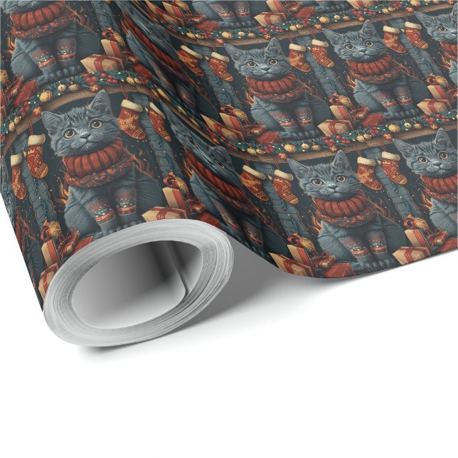 Papier Cadeau Chat bleu russe avec cheminée cadeaux de Noël (Coin rond)