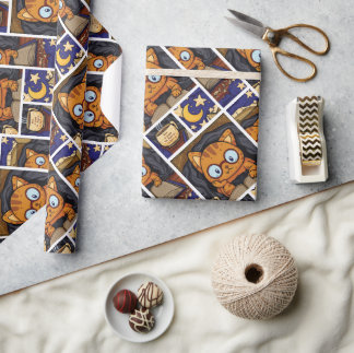 Papier Cadeau Chat confortable dans une couverture avec illustra