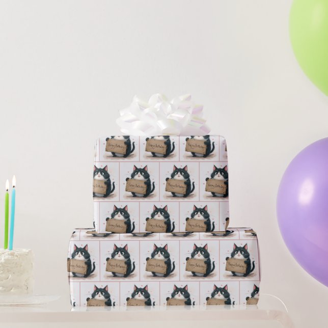 Papier Cadeau Chat De Dessin Avec Joyeux Panneau D'Anniversaire (Cadeaux de fête)