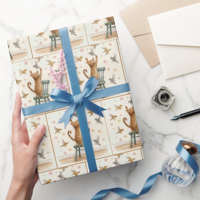 Papier Cadeau Chat de gingembre attraper un oiseau sur papier pe (Cadeaux)