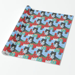 Papier Cadeau Chat de Noël amusant noir Tuxedo horloge