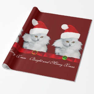 PAPIER CADEAU CHAT DE NOËL BLANC, CASQUETTE SANTA CLAUS ET RIBBO