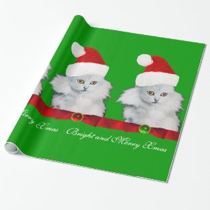 PAPIER CADEAU CHAT DE NOËL BLANC, CASQUETTE SANTA CLAUS ET RIBBO