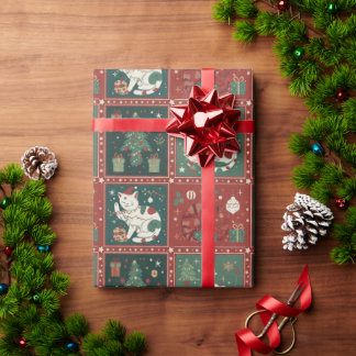 Papier Cadeau Chat de Noël Mignon Kitty dans un Chapeau de Père