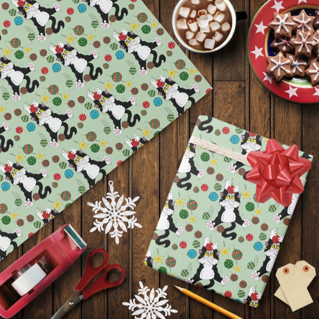 Papier Cadeau Chat de Noël noir blanc Tuxedo (Créateur téléchargé)