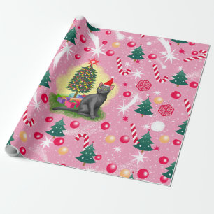Papier Cadeau Chat de Noël rose