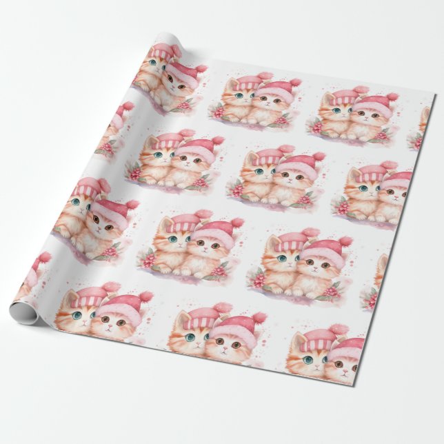 Papier Cadeau Chat de Noël rose mignon Motif (Déroulé)