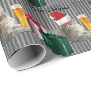 Papier Cadeau Chat de Père Noël de Noël branché avec bière