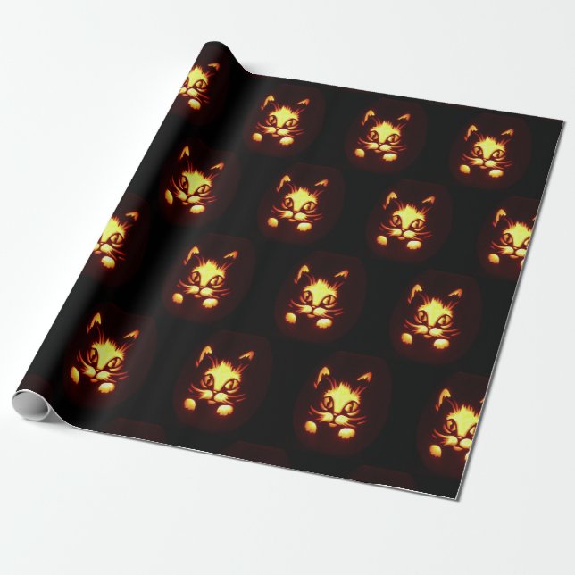 Papier Cadeau Chat d'Halloween brillant orange (Déroulé)