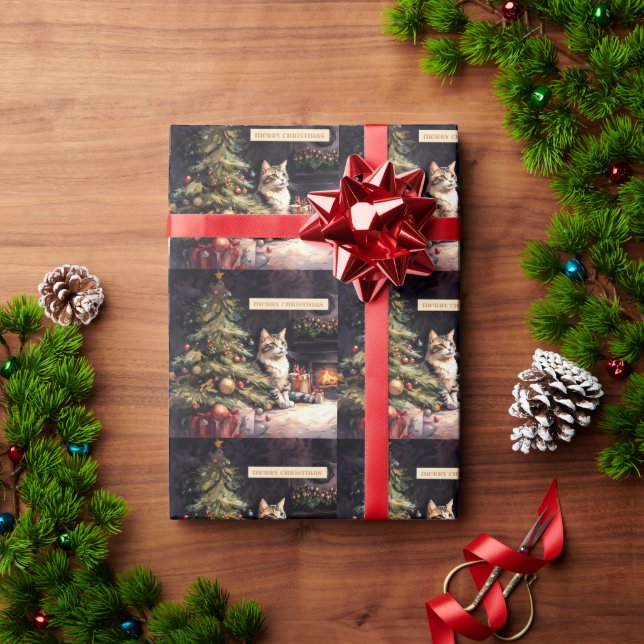 Papier Cadeau Chat doux sous l'arbre de Noël (Cadeau de vacances)