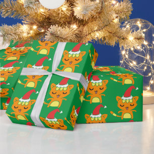 Papier Cadeau Chat drôle portant un chapeau de Père Noël Motif d
