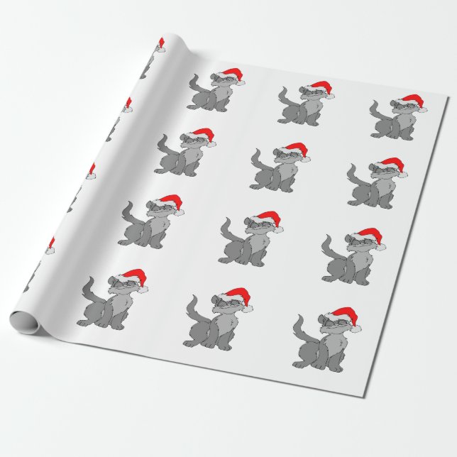 Papier Cadeau Chat du Père Noël avec chapeau de santa rouge (Déroulé)