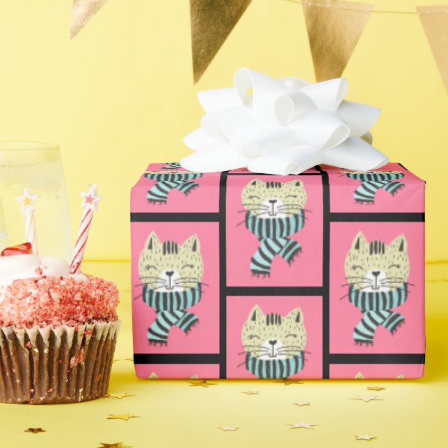 Papier Cadeau chat en écharpe d'hiver (Fête d'anniversaire)