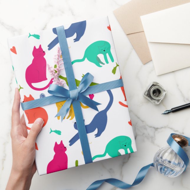 Papier Cadeau Chat et Motif de fils de couleur vive (Cadeaux)