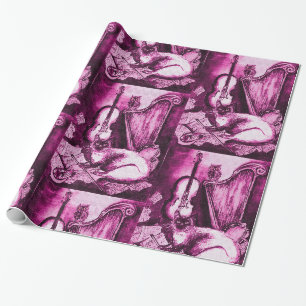 Papier Cadeau CHAT ET OWL DE MUSIQUE, Rose violet
