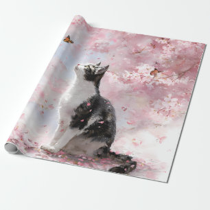 Papier Cadeau Chat Fleur de Cerisier et Papillons (1)