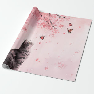 Papier Cadeau Chat Fleur de Cerisier et Papillons (12)