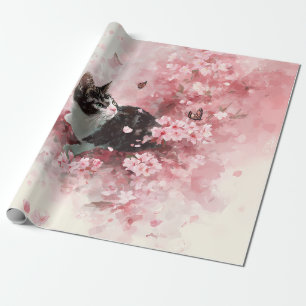 Papier Cadeau Chat Fleur de Cerisier et Papillons (8)