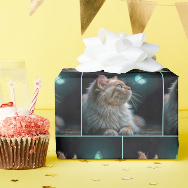 Papier Cadeau Chat Fluffé Avec Papillon Néon (Fête d'anniversaire)