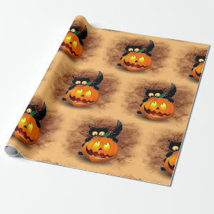Papier Cadeau Chat Fun Halloween Caractère mordant un Citrouille