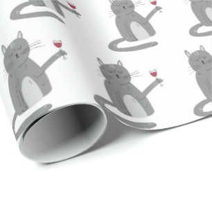 Papier Cadeau Chat Gris Au Vin Rouge
