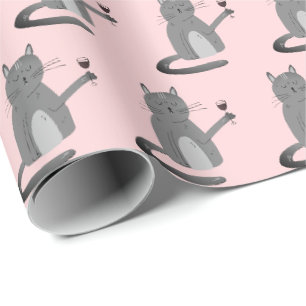 Papier Cadeau Chat Gris Avec Papier À Vin Rouge