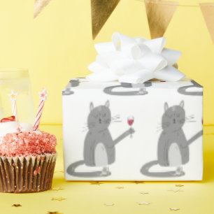 Papier Cadeau Chat gris et souris avec vin
