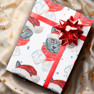 Papier Cadeau Chat Gris Mignon Aquarelle avec Écharpe et Chapeau