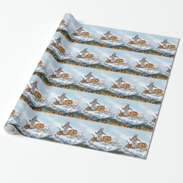 Papier Cadeau Chat guerrier chevauchant un tigre (Déroulé)