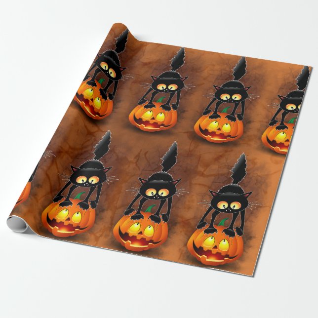 Papier Cadeau Chat Halloween personnage de dessin effrayé debout (Déroulé)