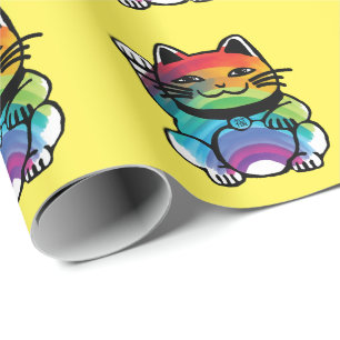 Papier Cadeau Chat japonais de bonne chance avec arc-en-ciel