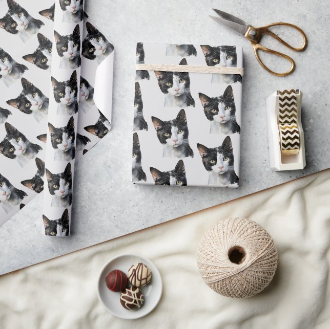 Papier Cadeau Chat Kitty blanc gris noir (Artisanat)