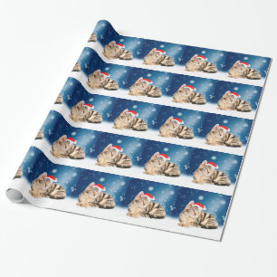 Papier Cadeau Chat mignon portant chapeau de Noël rouge neige