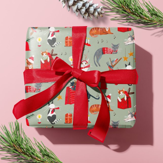 Papier Cadeau Chat mignon Retro Vintage Vert Noël (Cute cat Retro Vintage Green Christmas Wrapping Paper)