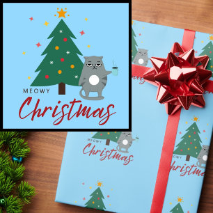 Papier Cadeau Chat mignonne avec café et arbre Noël Meowy