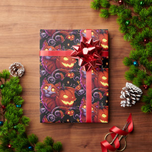 Papier Cadeau Chat mystique et Citrouilles brillants