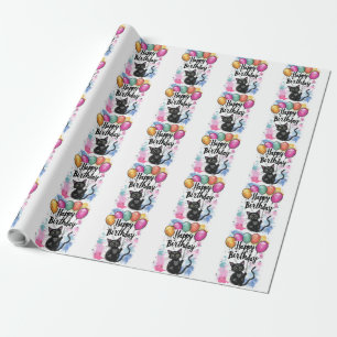 Papier Cadeau Chat noir avec ballons
