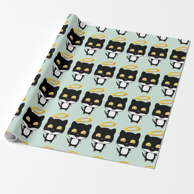 Papier Cadeau Chat Noir Avec Dessin Caricature En Halo Or (Déroulé)