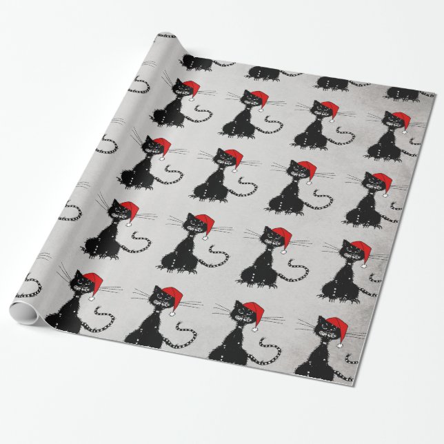 Papier Cadeau Chat noir de Noël malin (Déroulé)