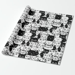 Papier Cadeau Chat noir et blanc face Motif fête d'anniversaire