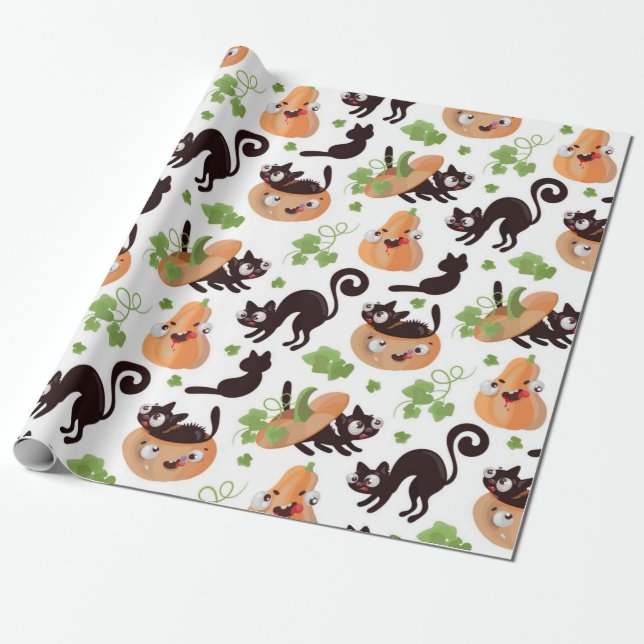 Papier Cadeau Chat Noir Et Citrouille Motif Halloween (Déroulé)