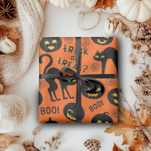 Papier Cadeau Chat noir gothique citrouilles pour Halloween Tric