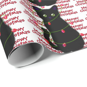 Papier Cadeau Chat noir mignon Meowy Noël scintillants lumières