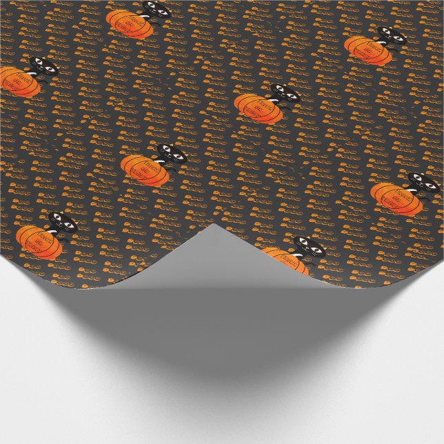 Papier Cadeau Chat noir orange Citrouille Tricoter ou traiter Ha (Coin)