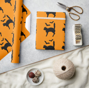 Papier Cadeau Chat Noir Peur Avec Chats Halloween Orange