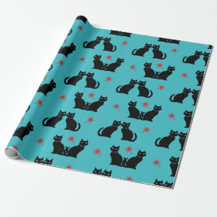 Papier Cadeau Chat noir rétro Kitty étoiles rouge enveloppant pa