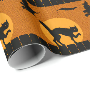 Papier Cadeau Chat noir vintage Halloween, silhouette de sorcièr