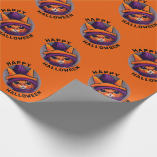 Papier Cadeau Chat orange avec sorcière violette Casquette Bonne