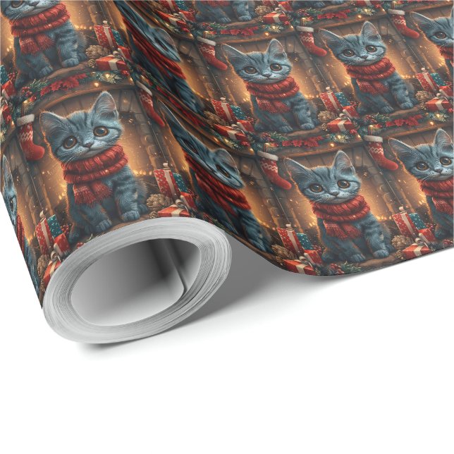 Papier Cadeau Chat Oriental Bleu Avec Cheminée Cadeau De Noël (Coin rond)